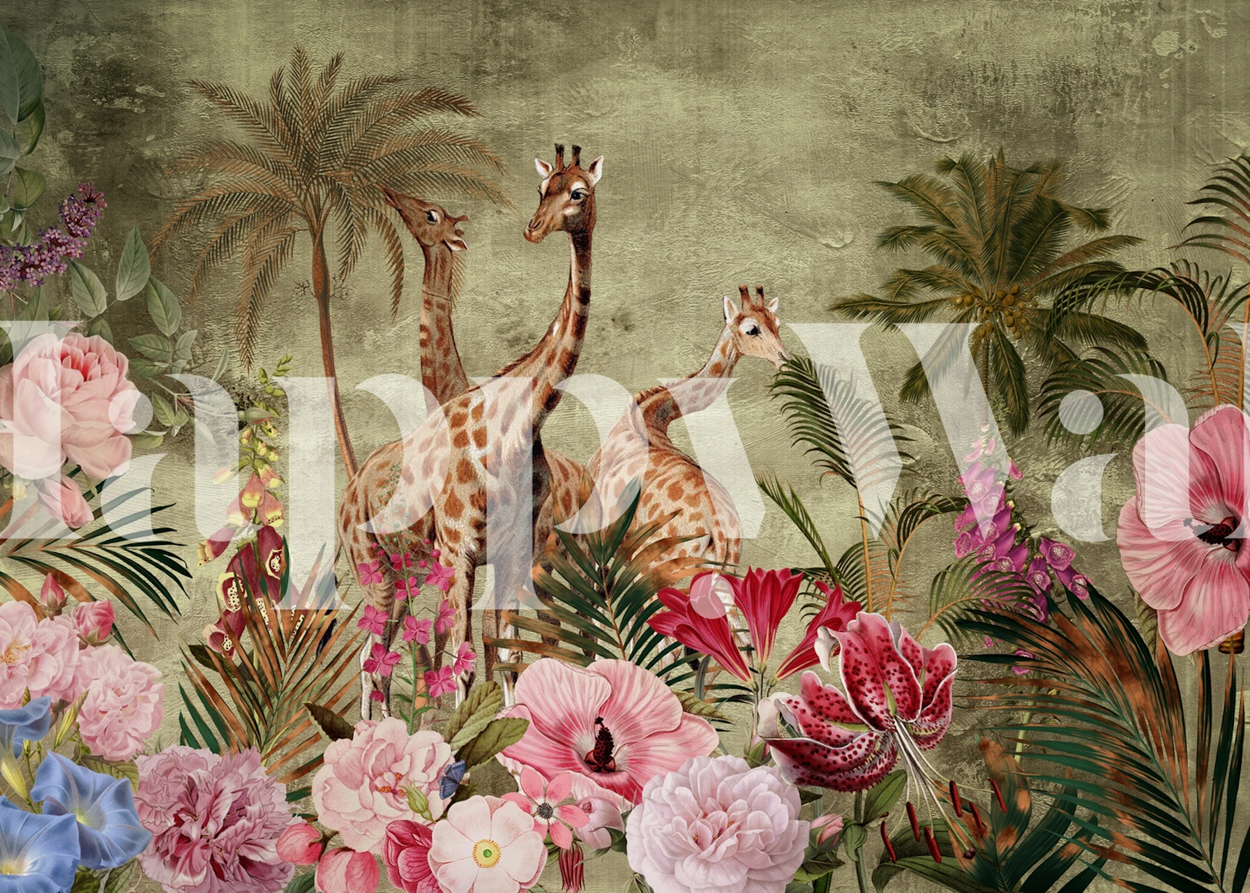 Tropisk sjiraff og blomsterdesign veggmaleri med vintage bakgrunn