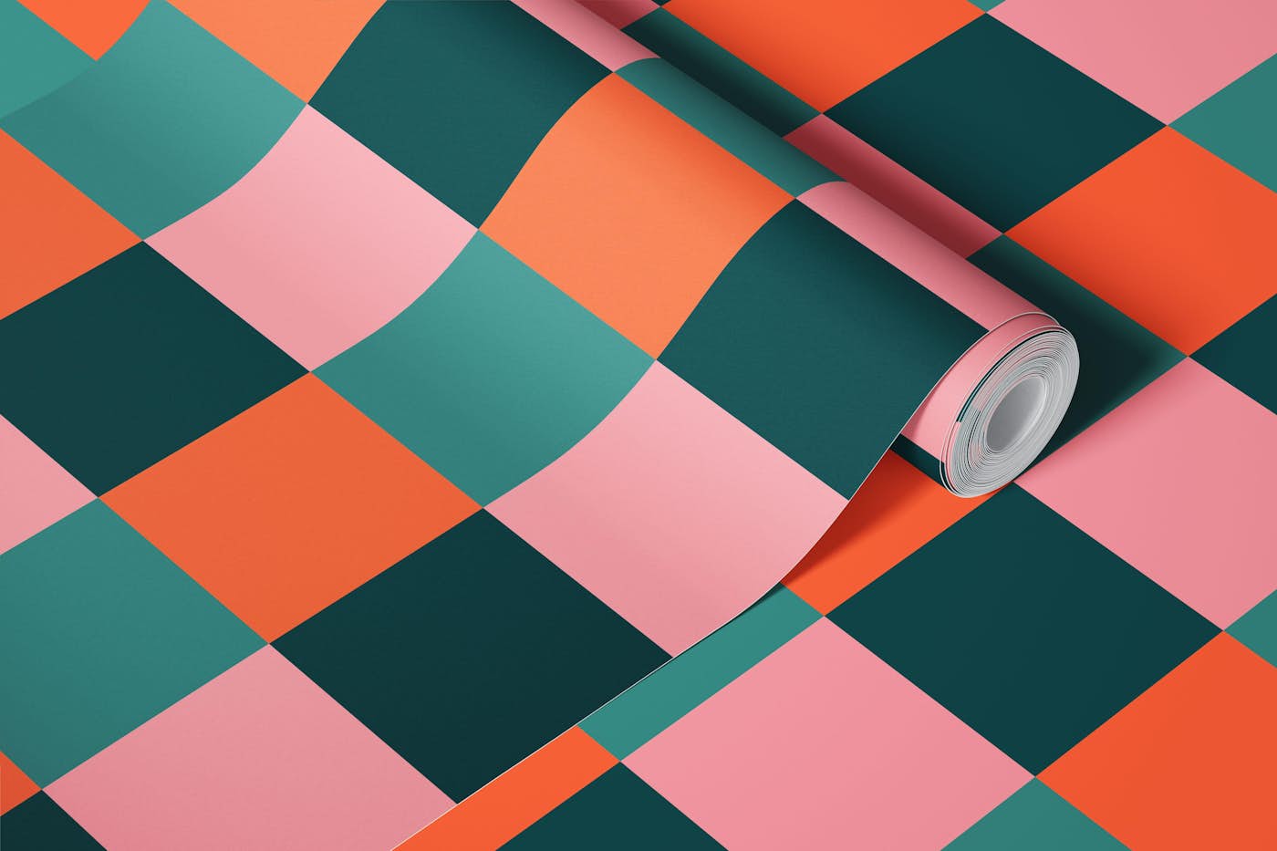 Vintage Pink Orange Teal Color Block Check wallpaper roll