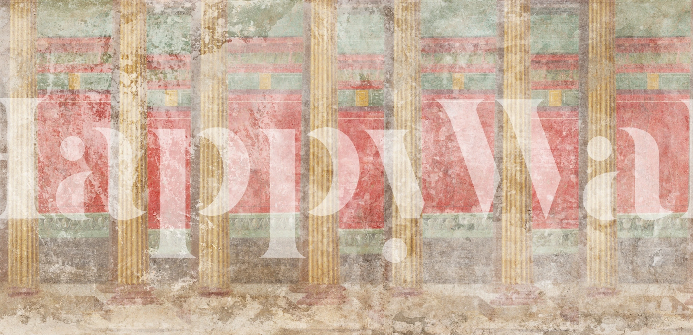 Tapeta Antique Roman Fresco Red prikazana u sobi.