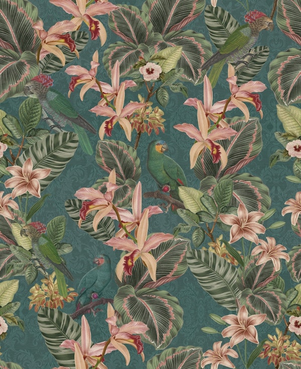 Tropical birds & jungle flowers - dark teal