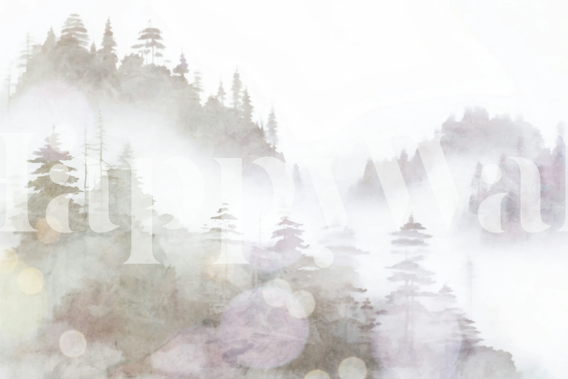 Watercolor of misty pine tree silhouettes in grey tones wallpaper