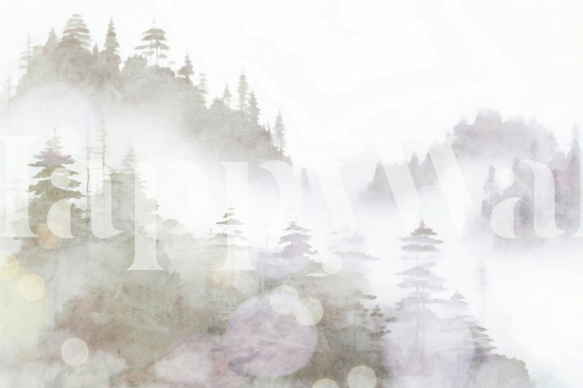 Watercolor of misty pine tree silhouettes in grey tones wallpaper