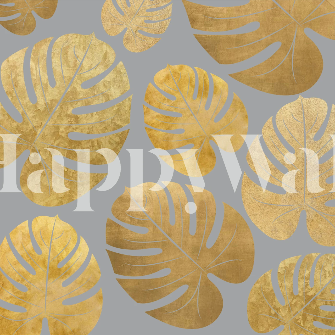 Gold tropical leaves on a gray background wallpaper