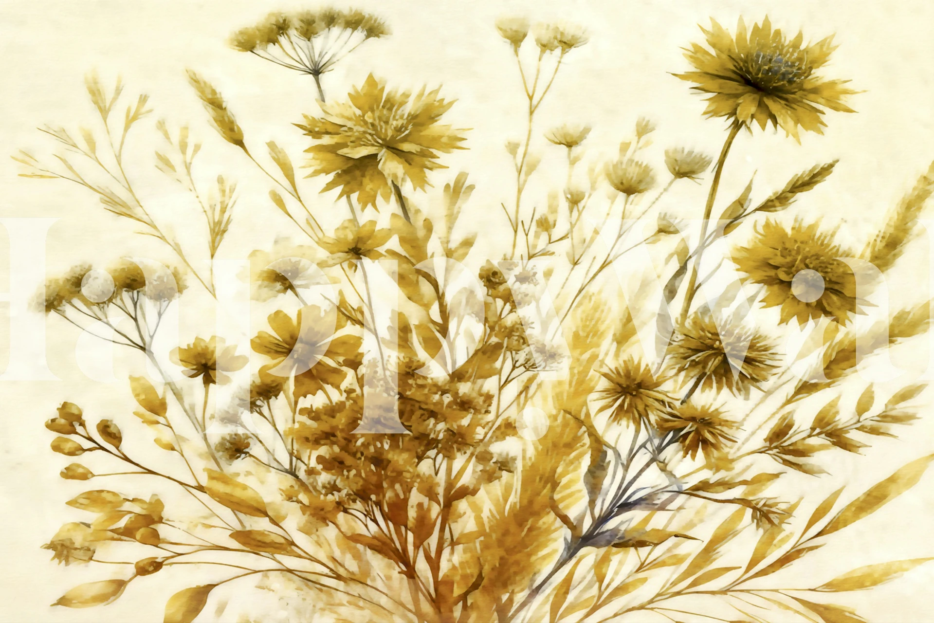 Golden floral botanical wallpaper featuring intricate yellow flowers and plants