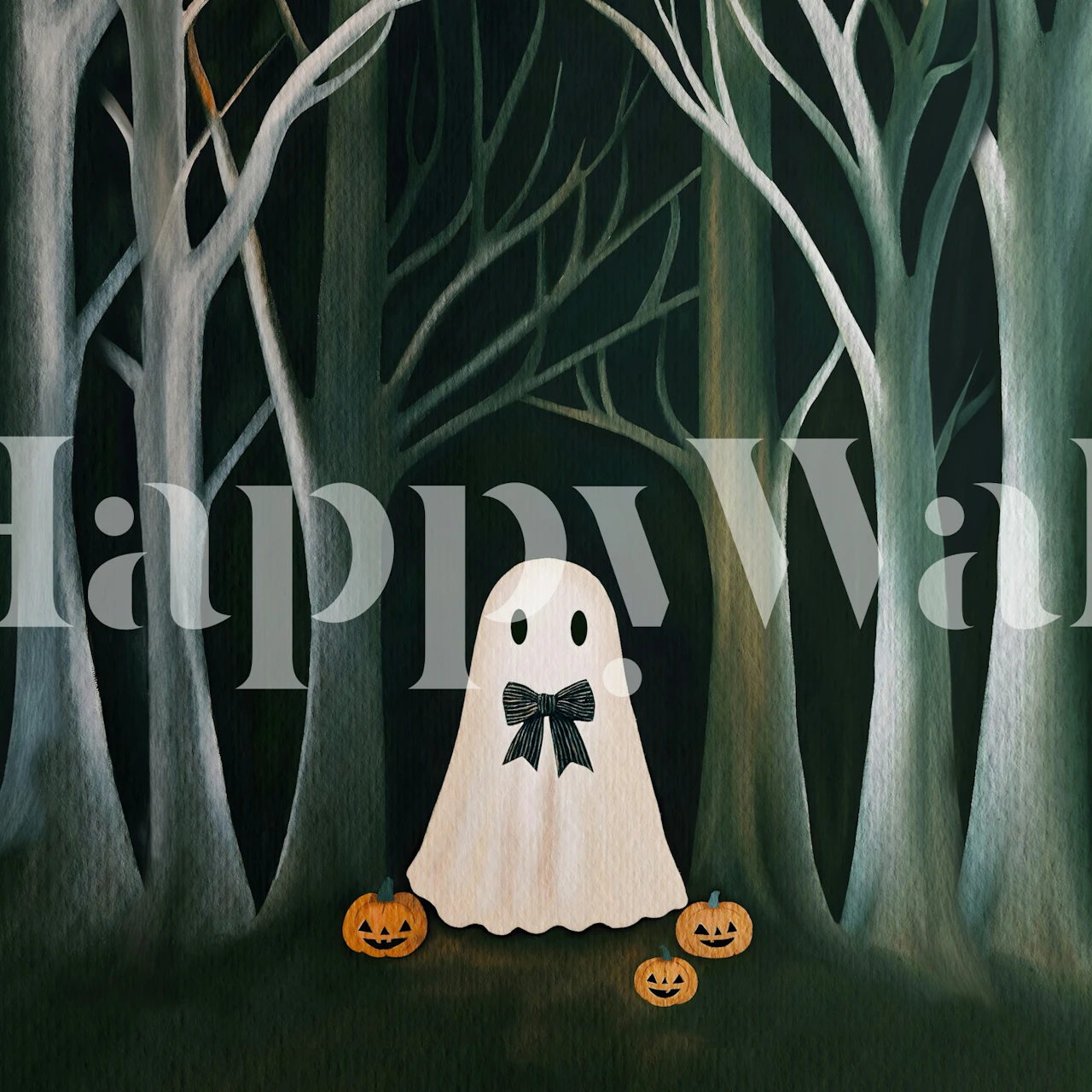 White ghost with bowtie and pumpkins in dark forest wallpaper