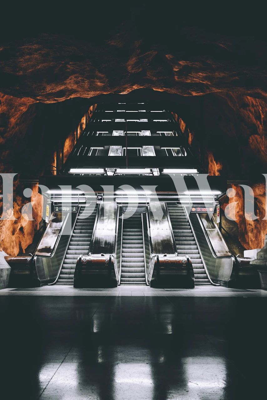 Subway escalator wall mural with dark tones and modern design wallpaper