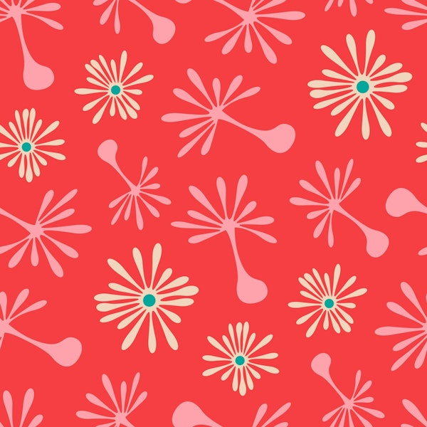 Blowing Dandelions Retro Mod Floral Pink Red