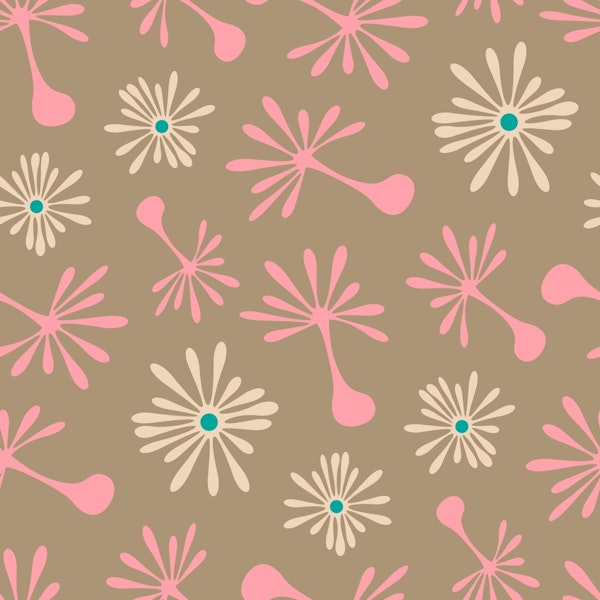 Blowing Dandelions Retro Mod Floral Beige