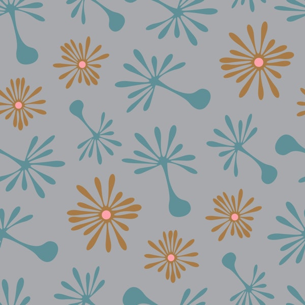 Blowing Dandelions Retro Mod Floral Blue Gray