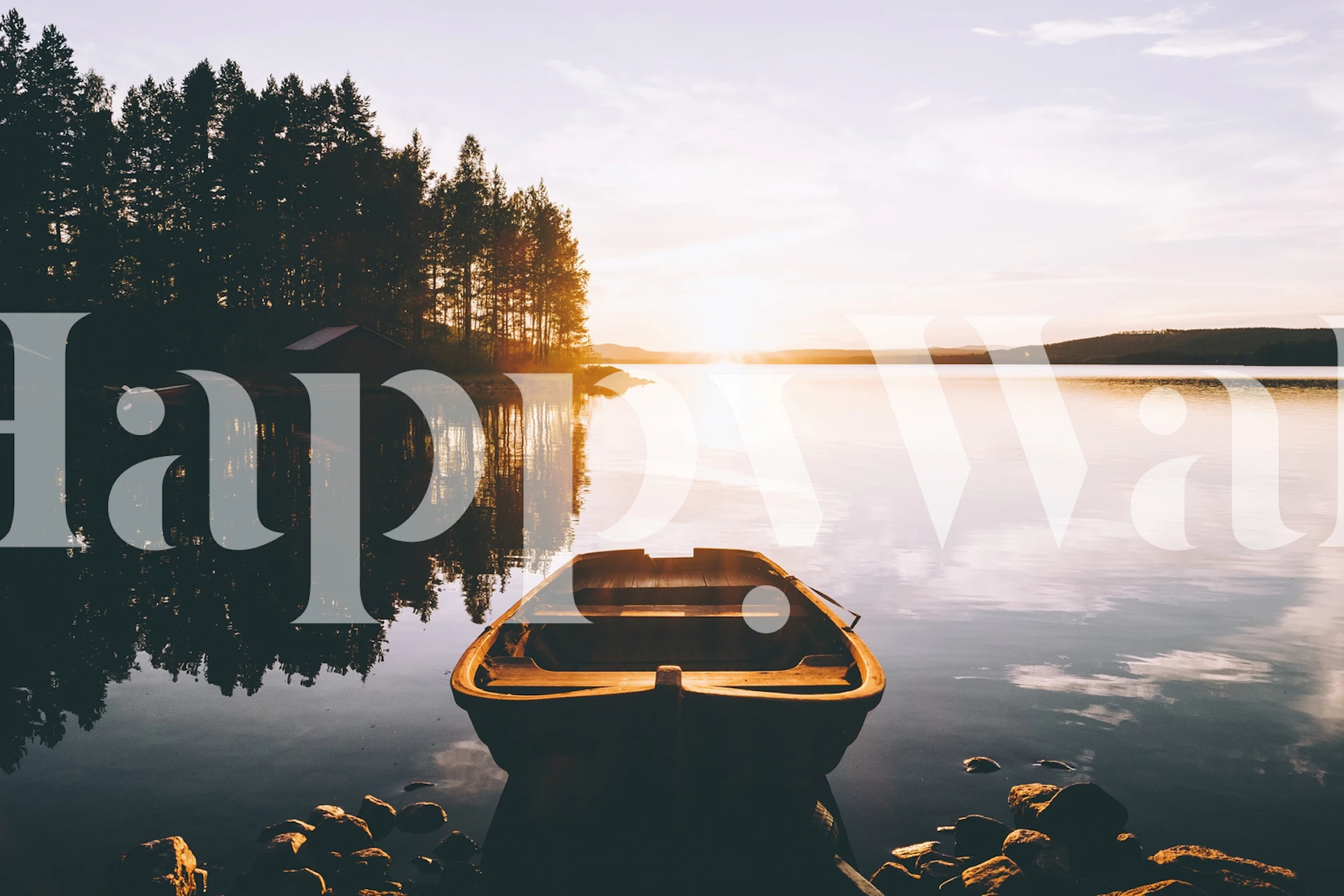 Serene Lake Hälsingland at sunset with a lone wooden boat and surrounding pine trees