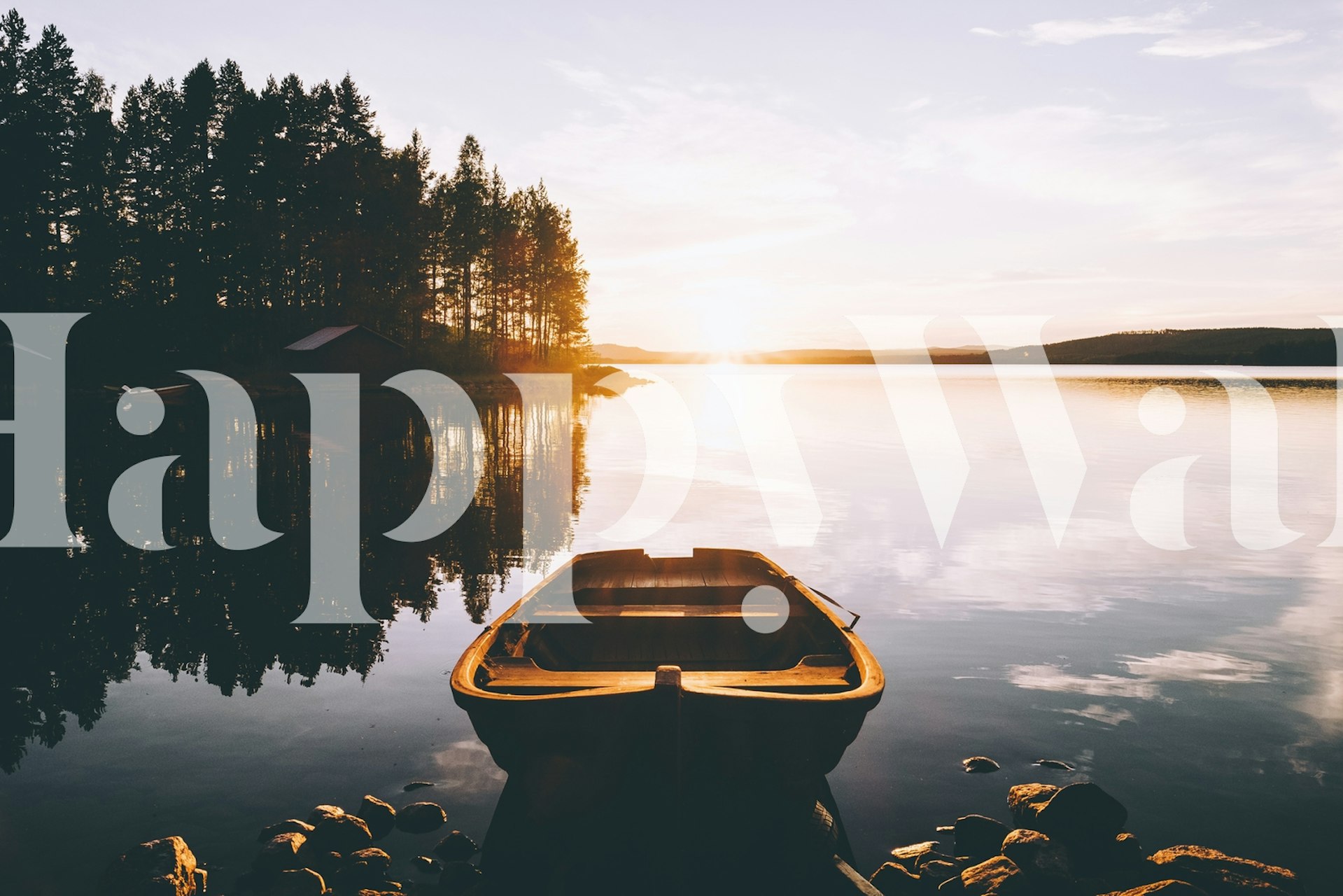 Serene Lake Hälsingland at sunset with a lone wooden boat and surrounding pine trees
