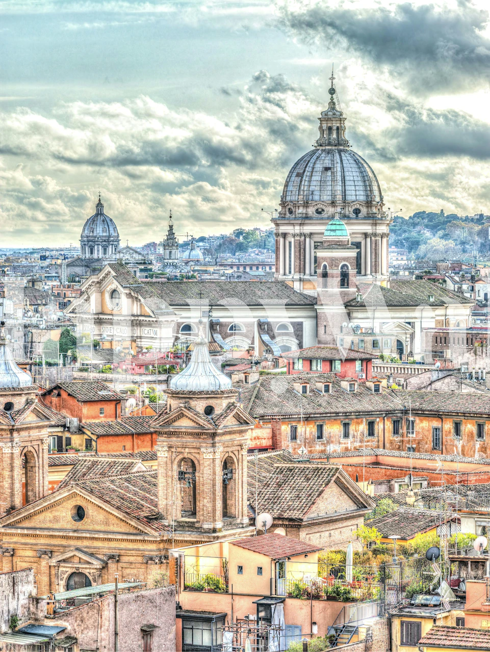Urban skyline wallpaper with soft pastel colors and historic buildings