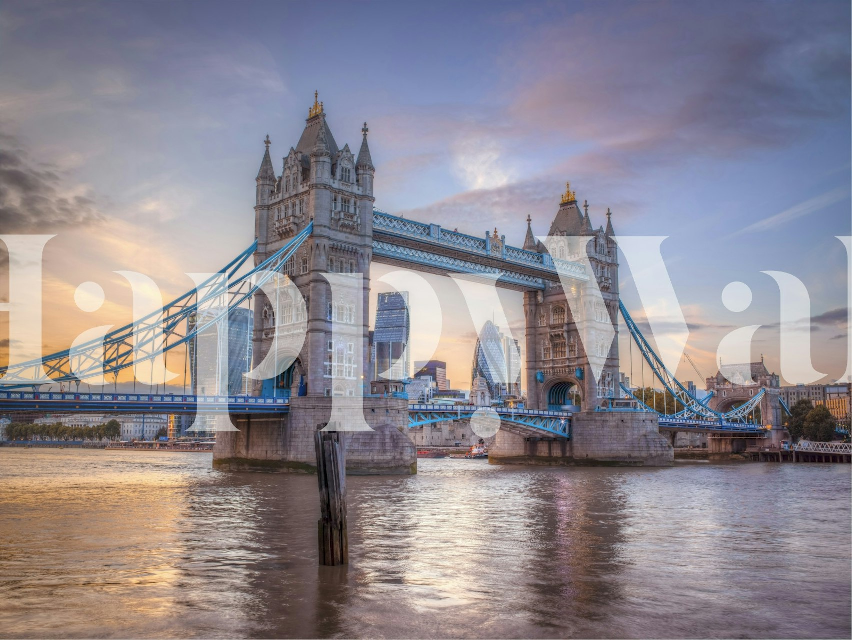 London Bridge over water with sunset hues in blue and white wallpaper