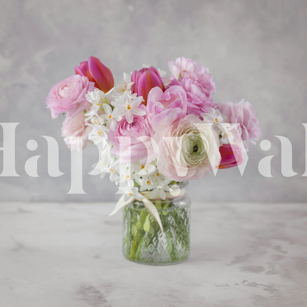 Pink and white floral bouquet on a textured gray background wallpaper