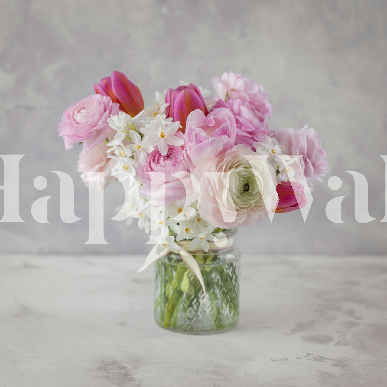 Pink and white floral bouquet on a textured gray background wallpaper