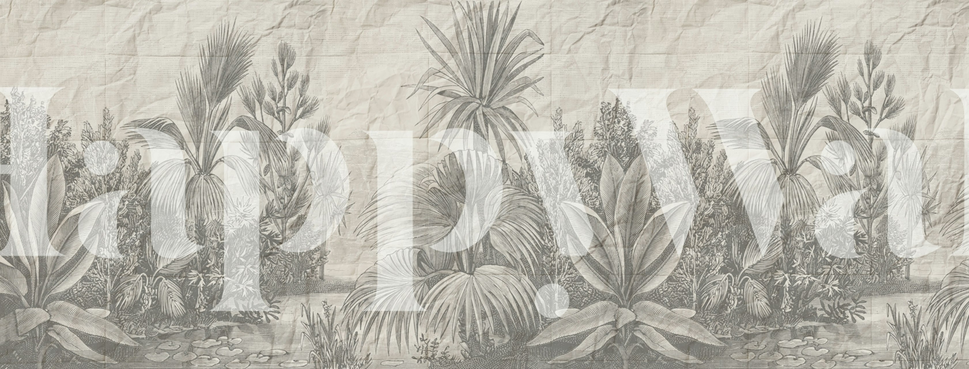 Black and white jungle scene featuring detailed tropical plants wallpaper
