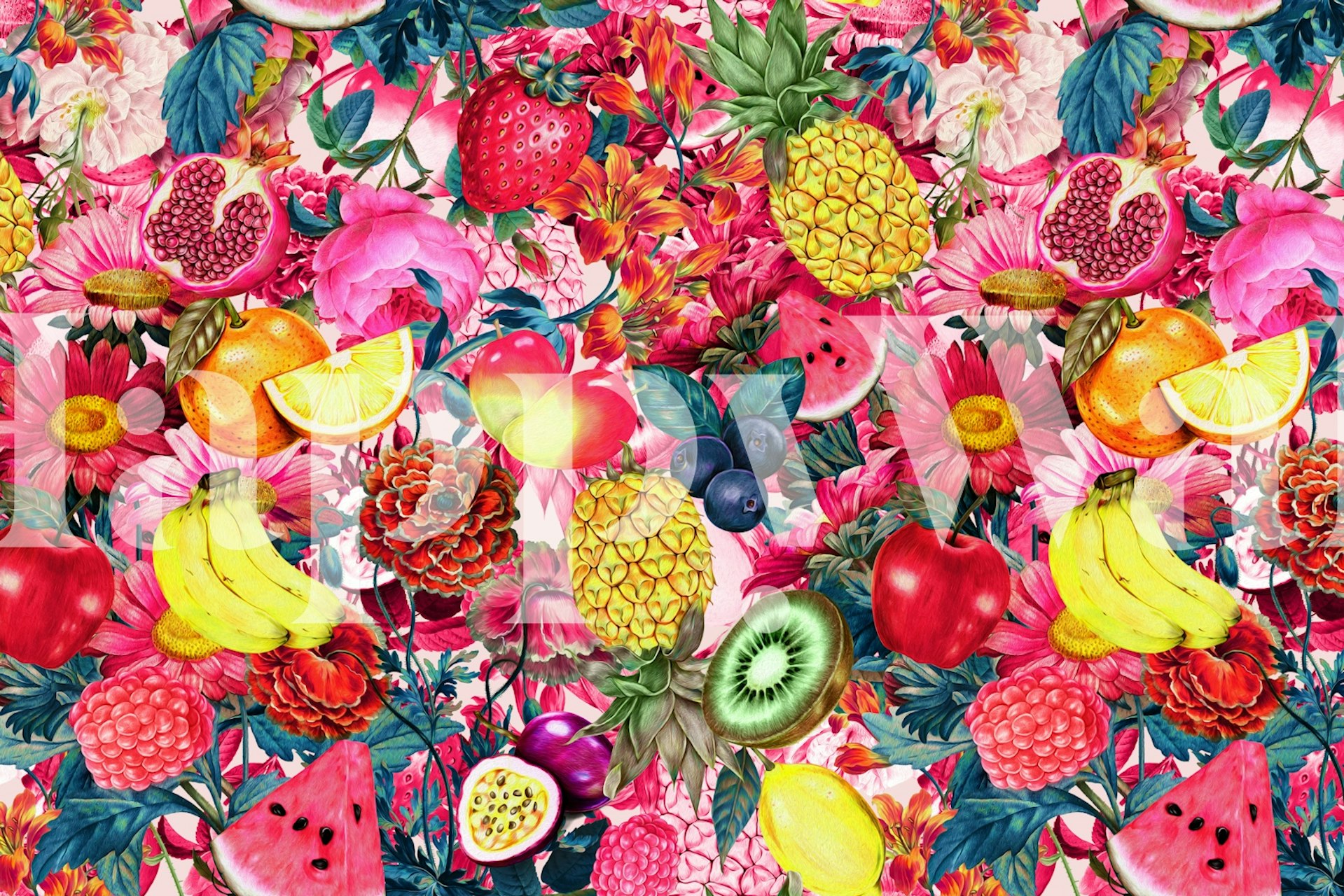 Tropical fruit wallpaper in a room