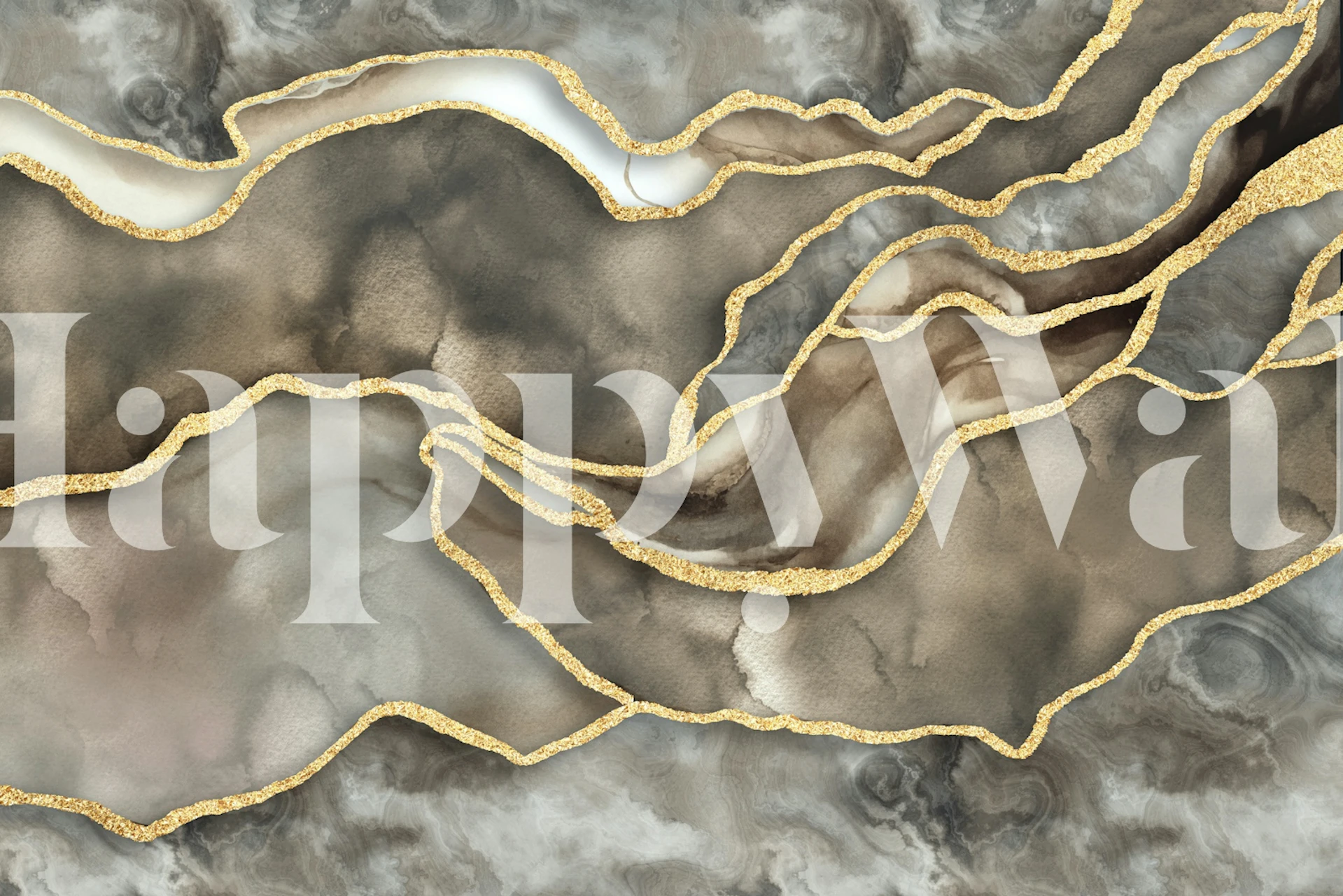 Marble wallpaper with flowing grey patterns and gold lines
