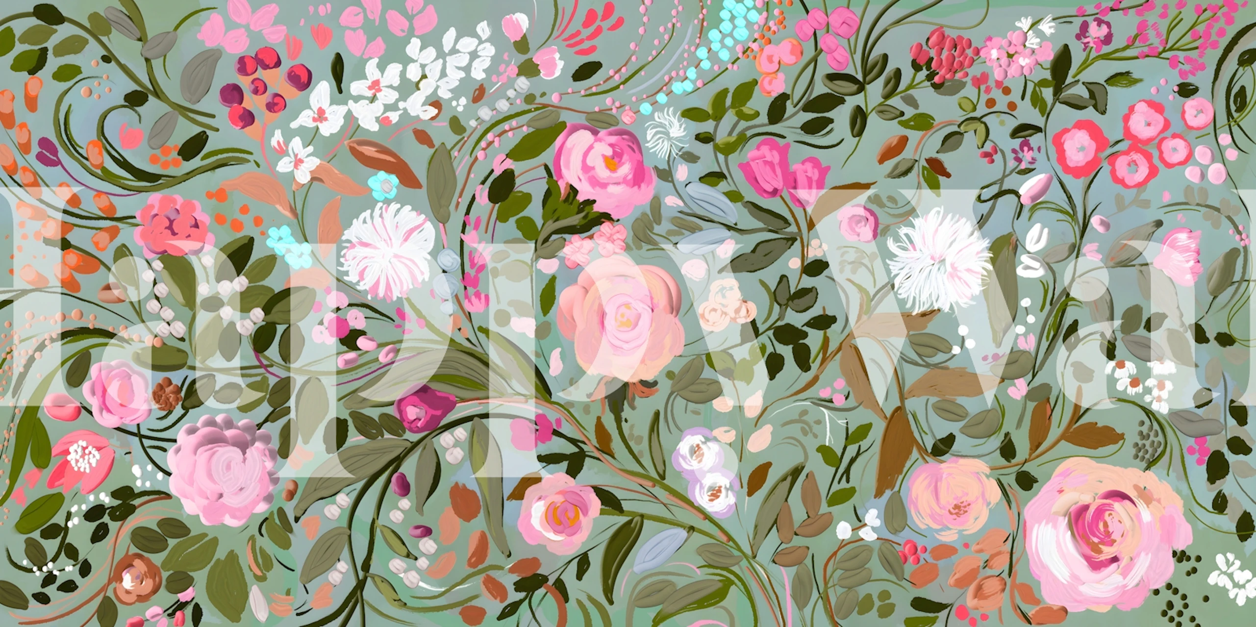 Floral pattern with pink roses and green leaves wallpaper