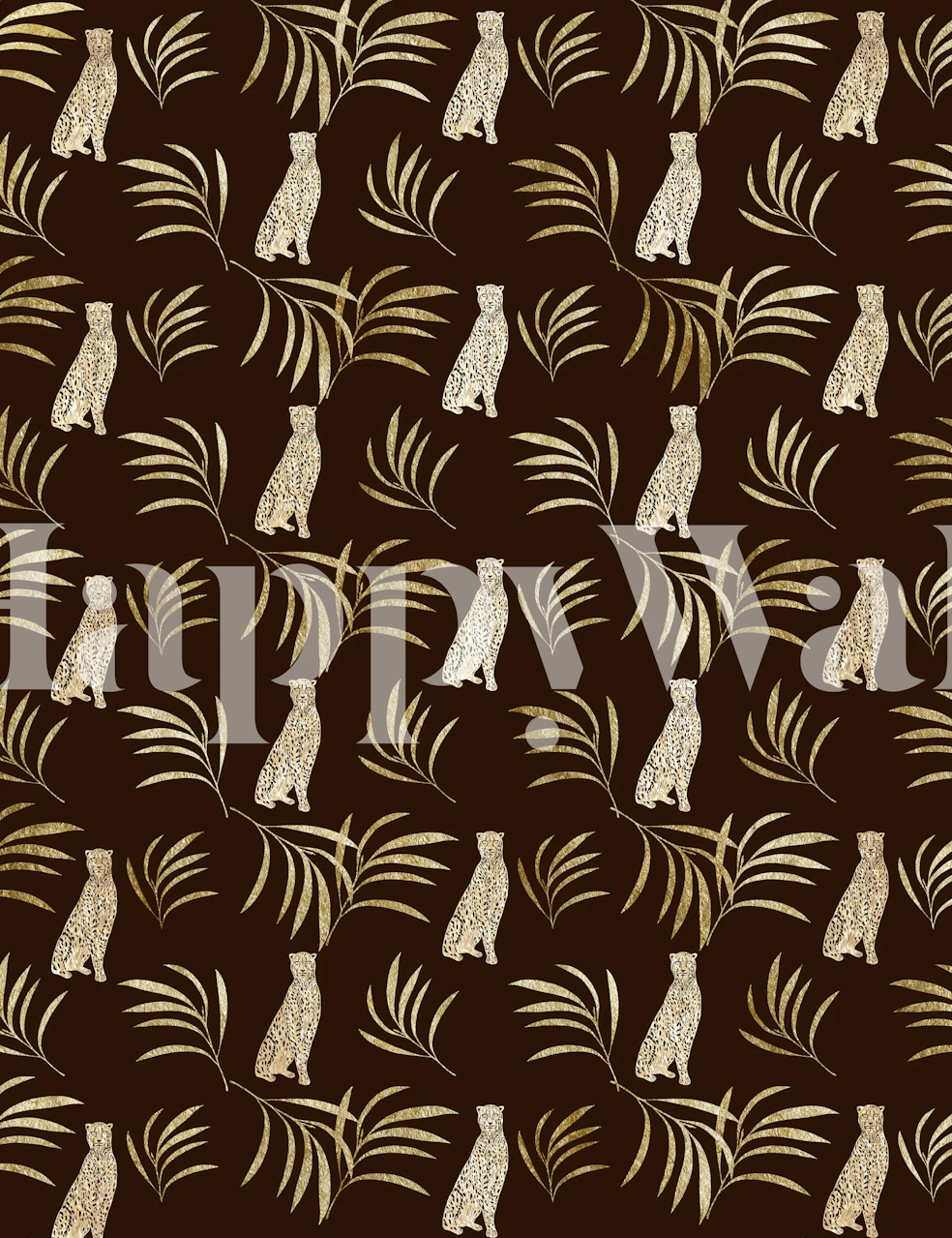 Cheetah and eucalyptus leaves in golden and brown wallpaper
