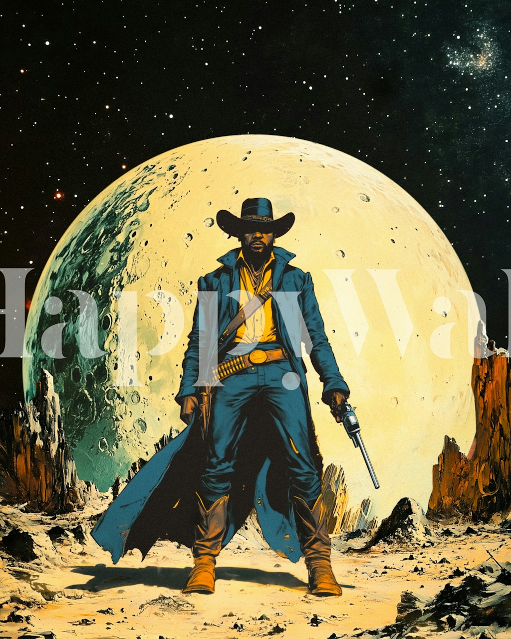 Vintage cowboy figure on a moon background with stars wallpaper
