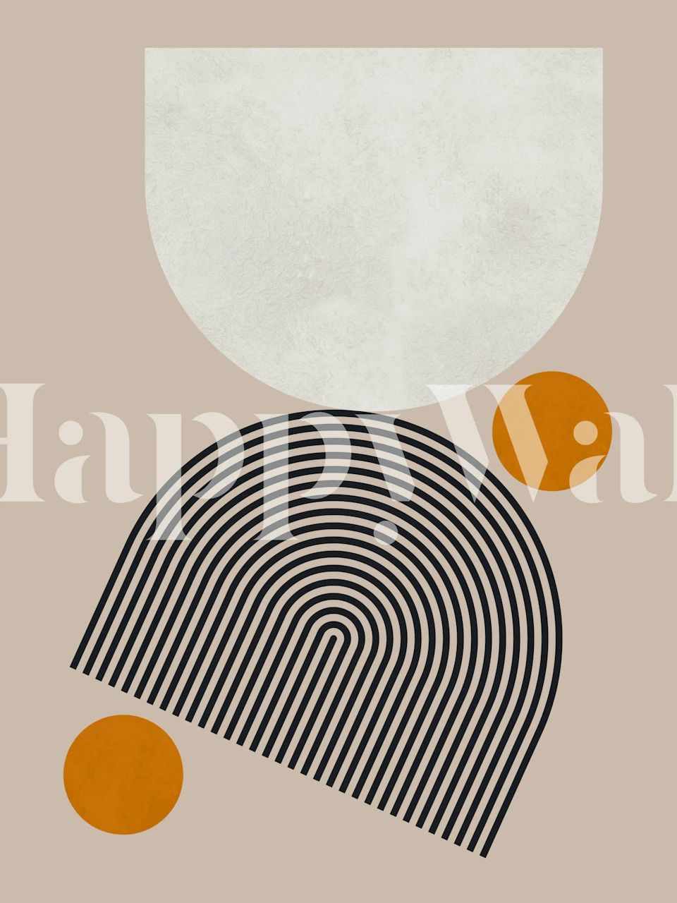 Minimalist black and white curve motifs on beige wallpaper