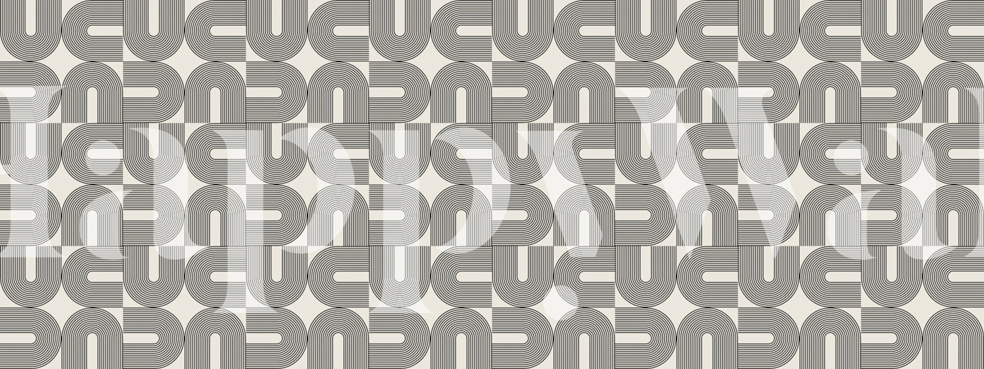 Geometric gray and cream pattern wallpaper with curved lines.