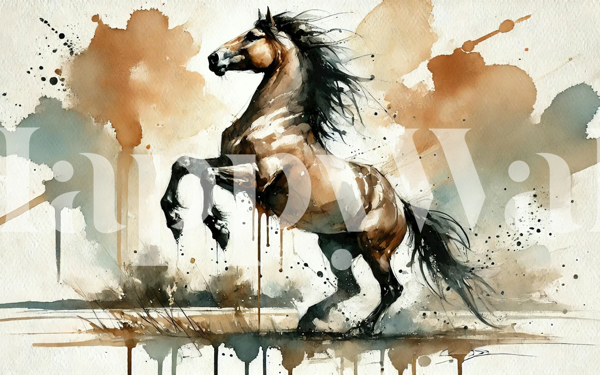 Watercolor painting of a fiery horse in browns and tans, artistic wall mural.