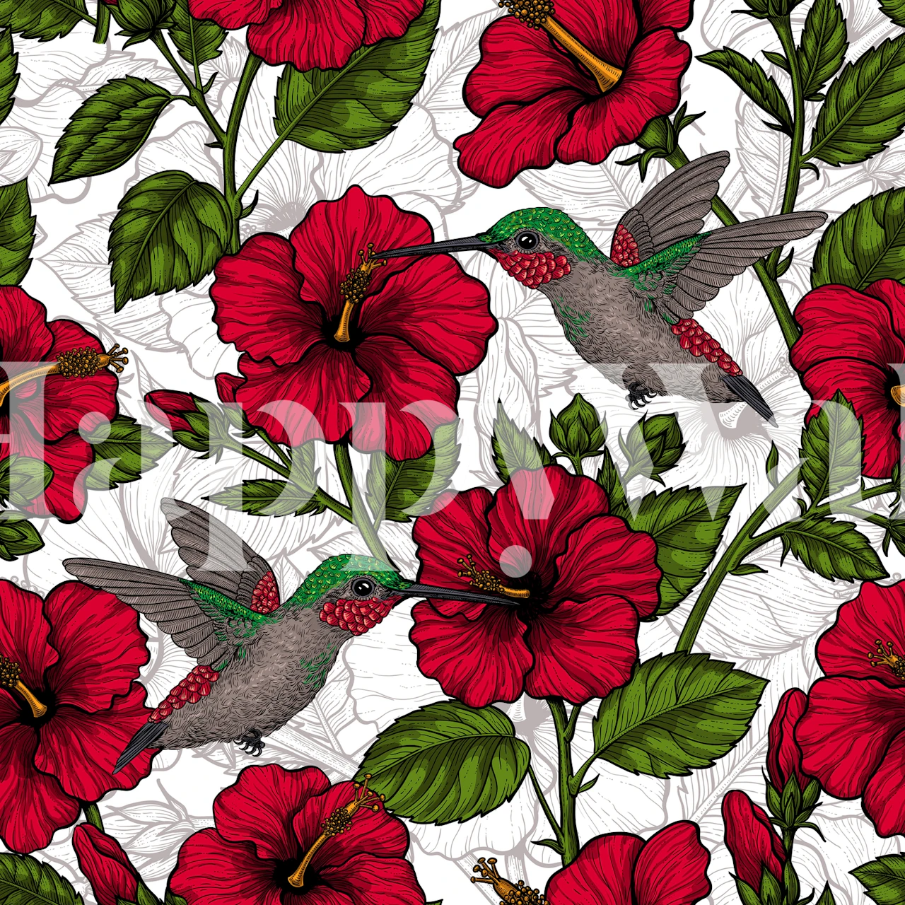 Red hibiscus flowers and birds in green foliage wallpaper