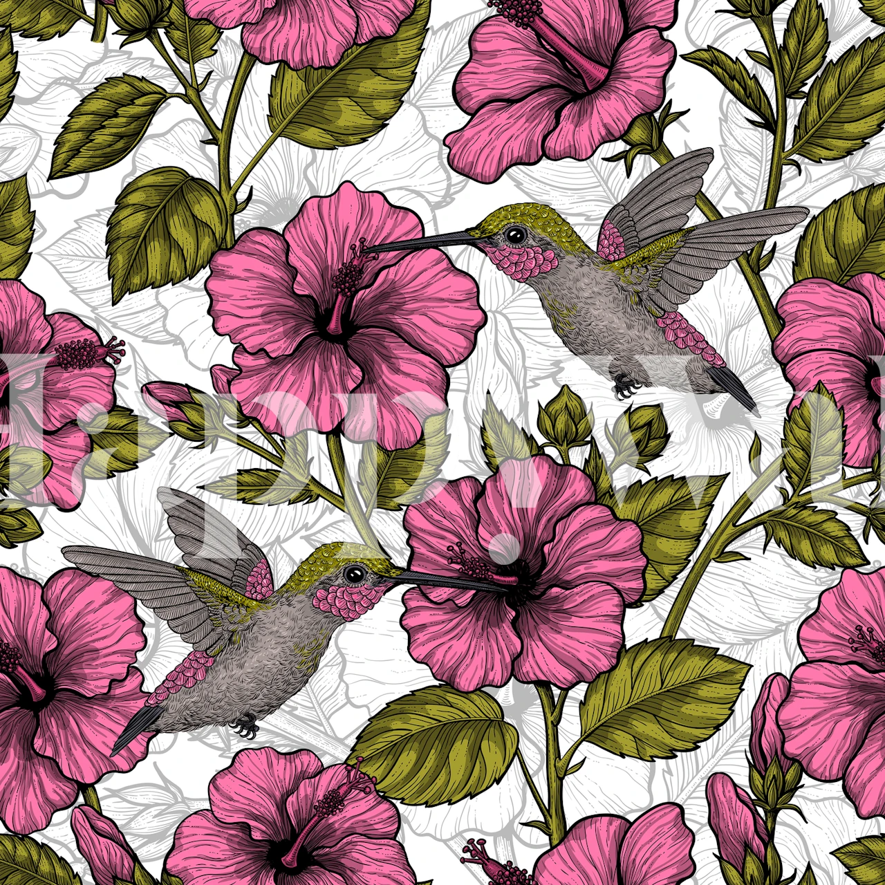 Wandgemälde mit rosa Hibiskusblüten und Kolibris
