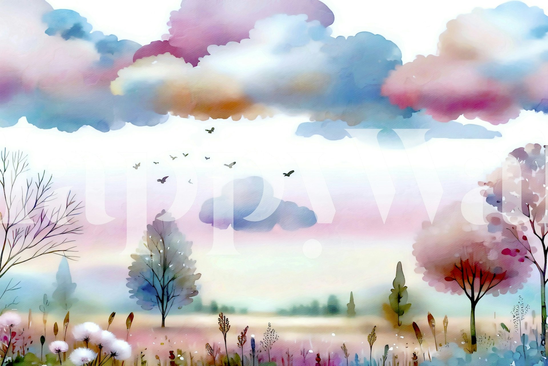 Pastel floral landscape with clouds and foliage wallpaper