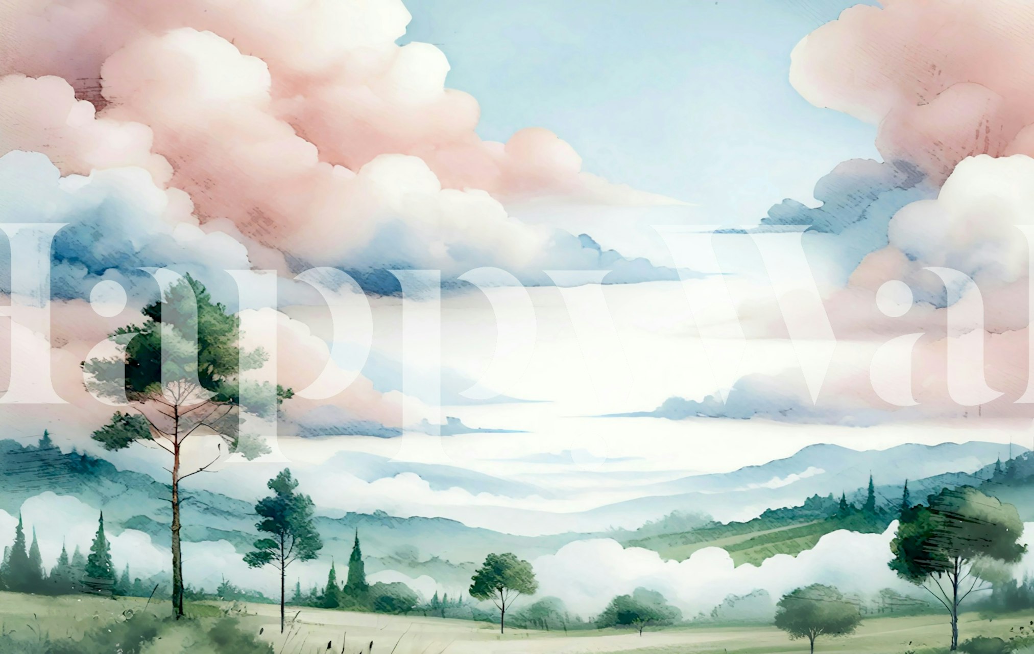 Pastel mountain landscape with pine trees and clouds wallpaper