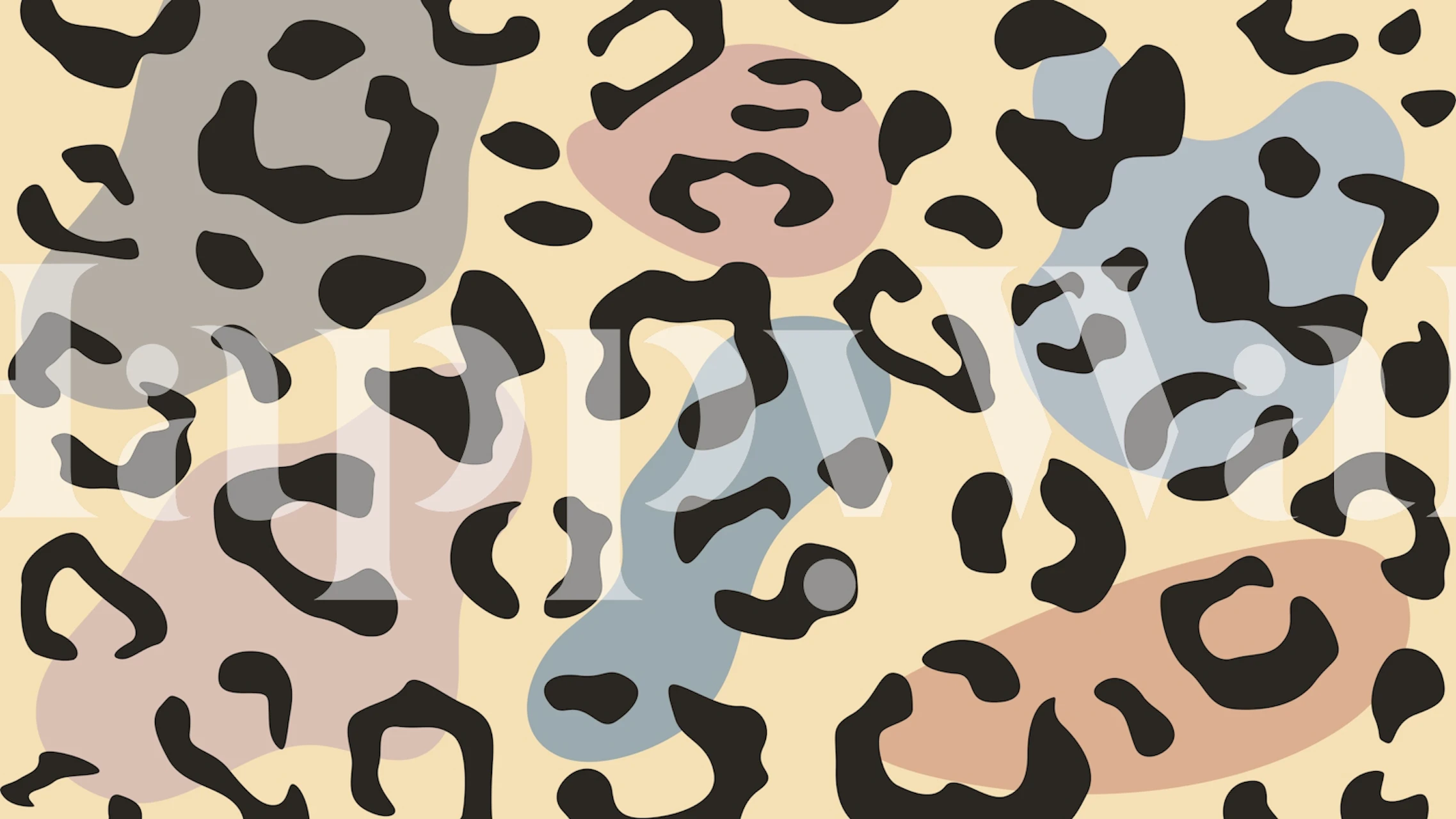 Leopard print wallpaper with pastel shapes and black spots