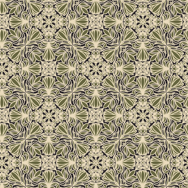 Floral tile in deep olive on black