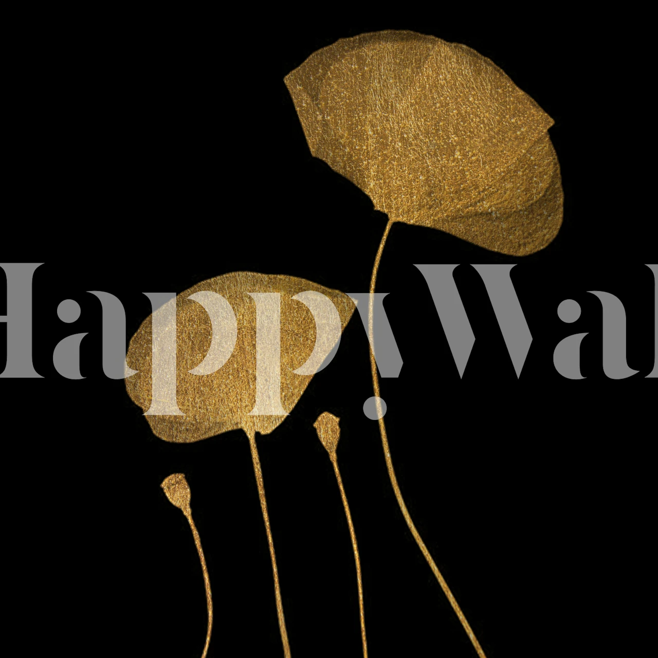 Gold floral design with large leaves on black background wallpaper