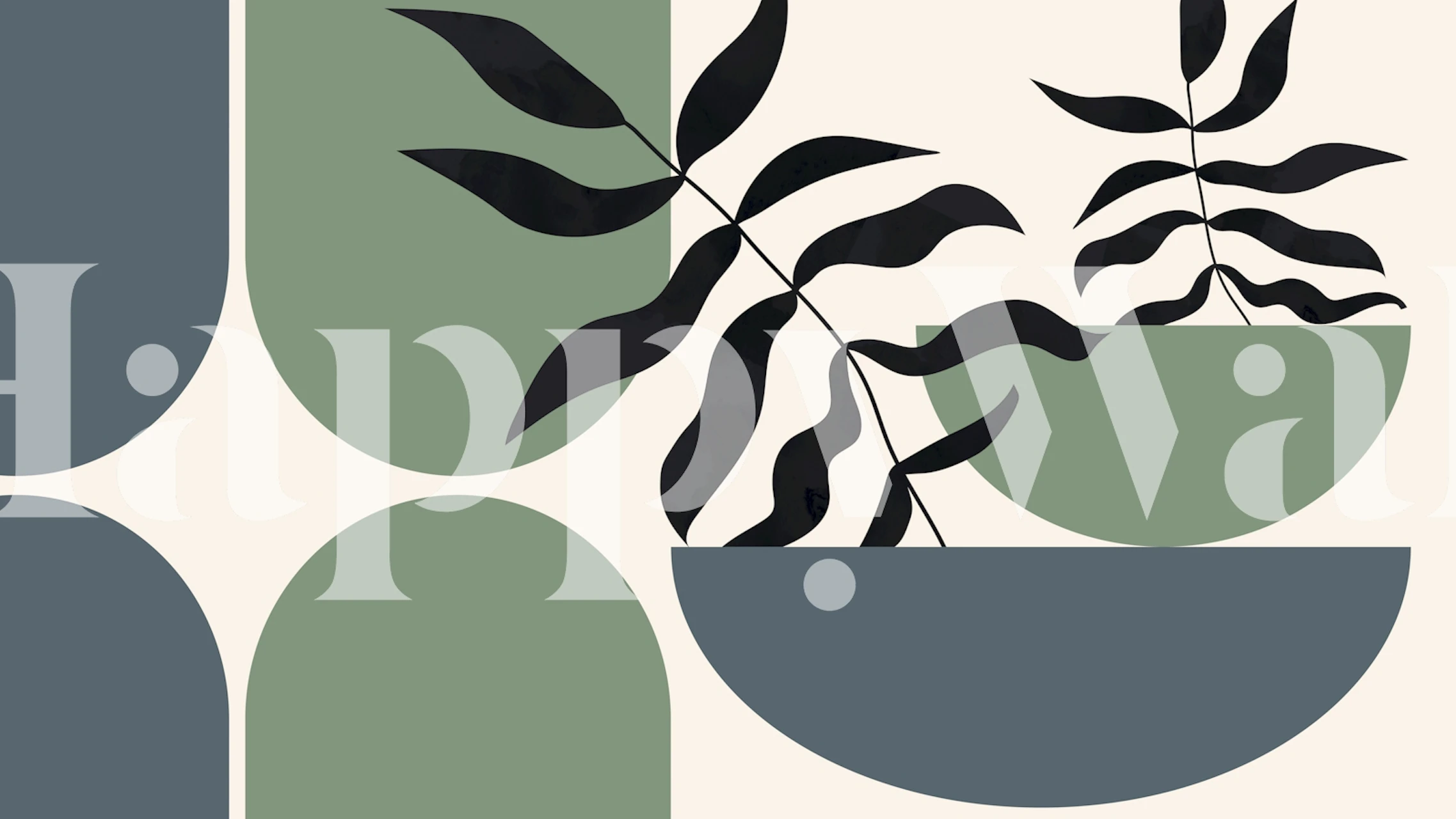 Black leaves on green geometric shapes on beige background wallpaper