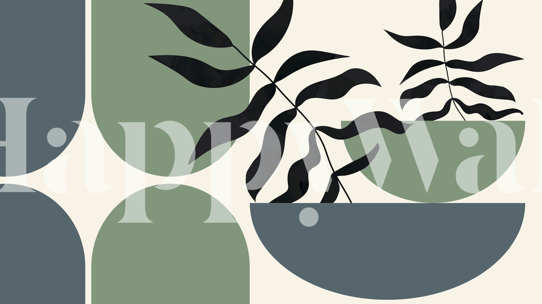 Black leaves on green geometric shapes on beige background wallpaper