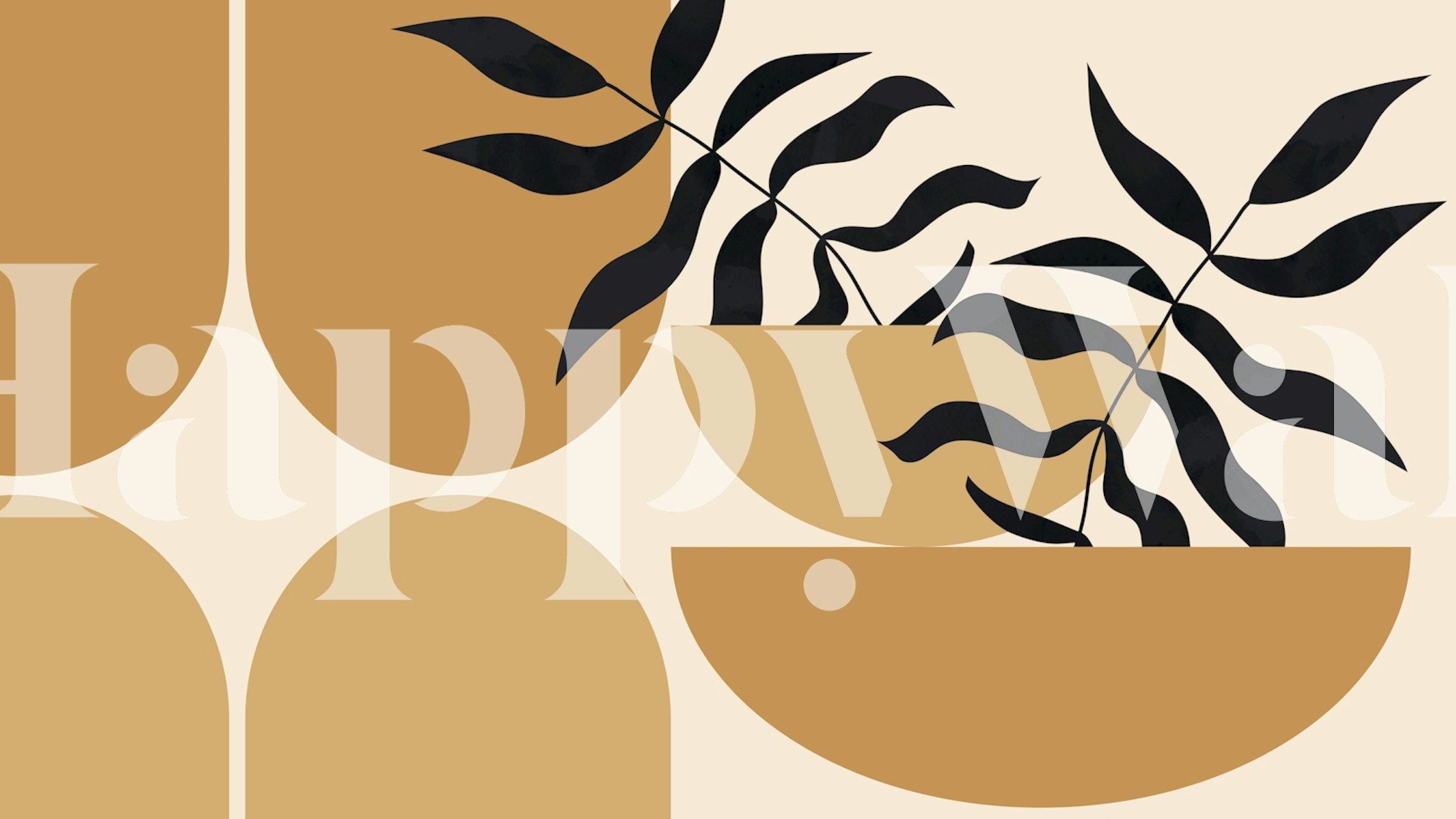 Geometric plant leaves in black and beige with smooth shapes wallpaper