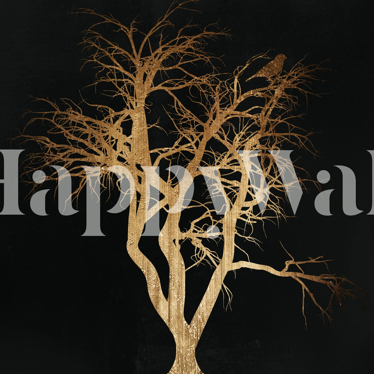 Un mystérieux arbre doré sur un fond sombre créant une atmosphère de conte de fées enchanteresse sur une fresque murale