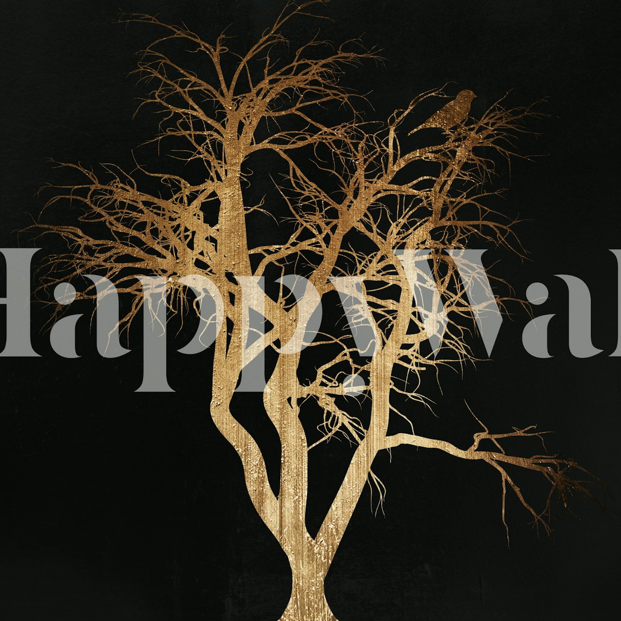A mysterious golden tree against a dark background creating an enchanting fairytale atmosphere on a wall mural