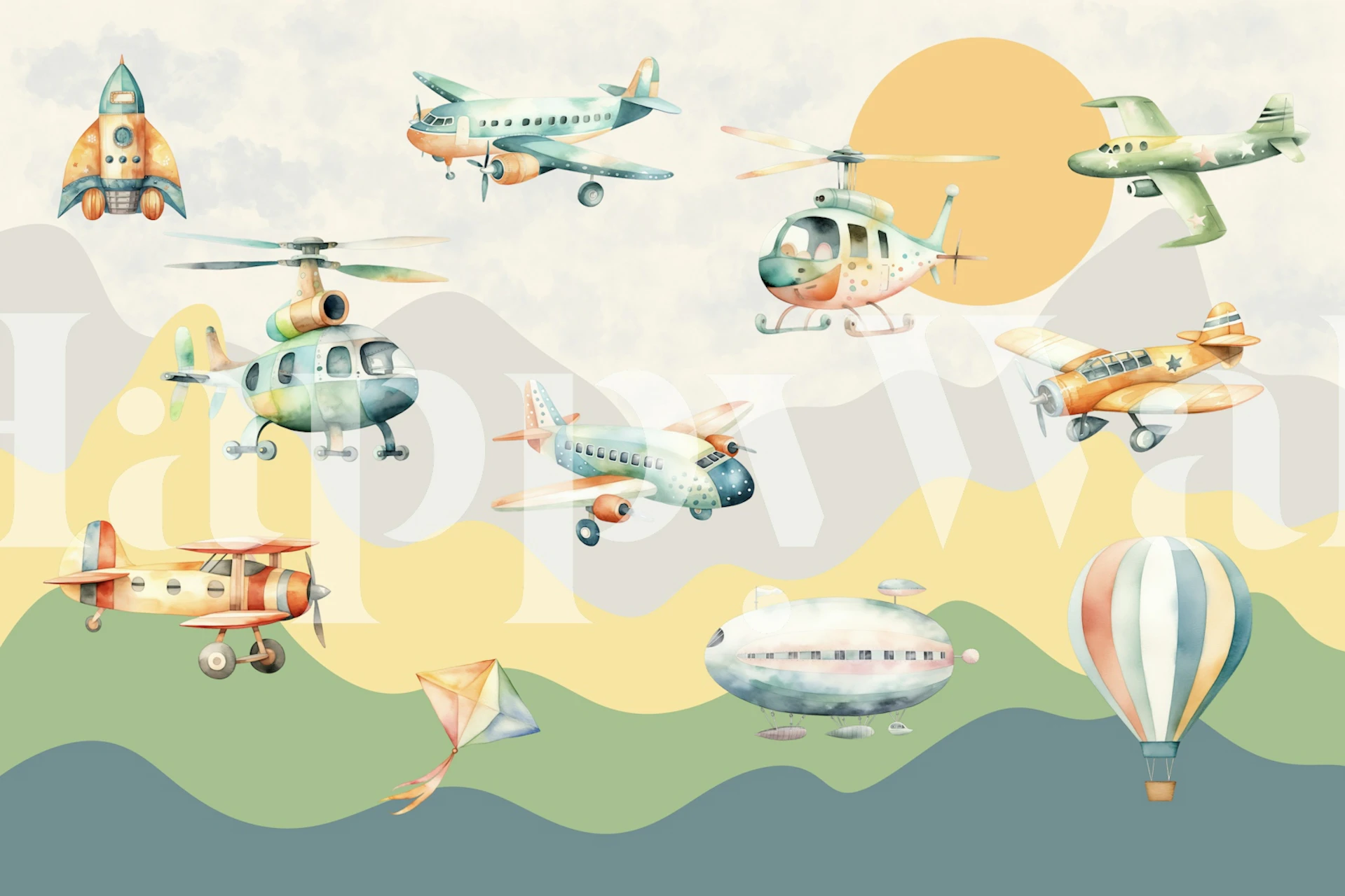 Colorful aircraft, kites, and hot air balloons wallpaper