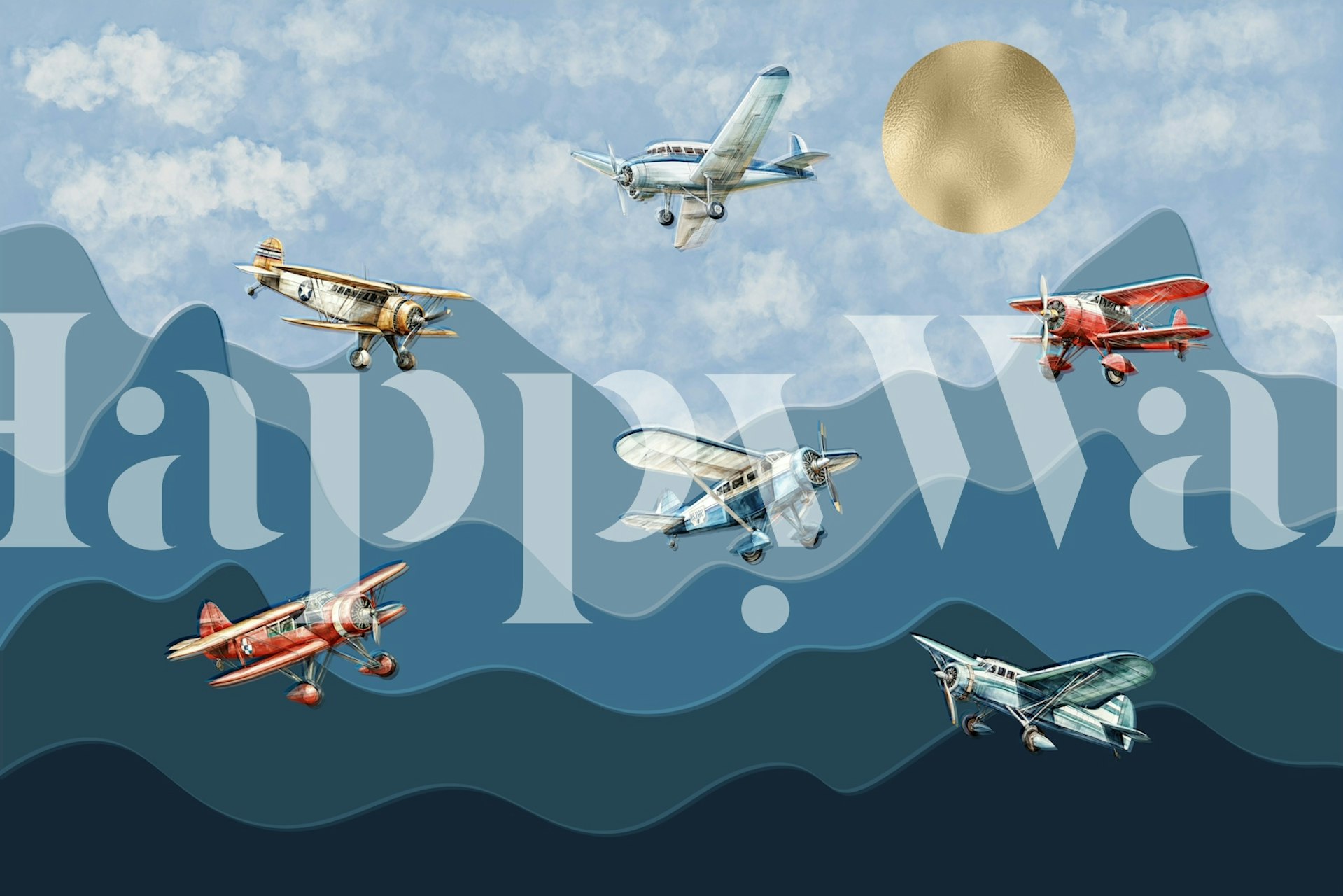 Retro airplane adventure wallpaper in a room