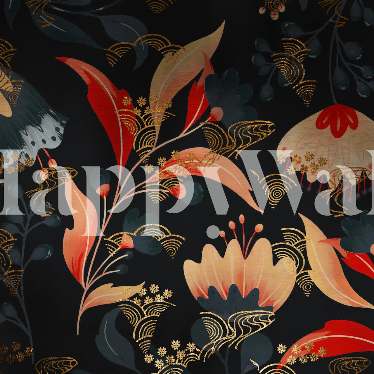 Floral patterns in vibrant colors on black background wallpaper
