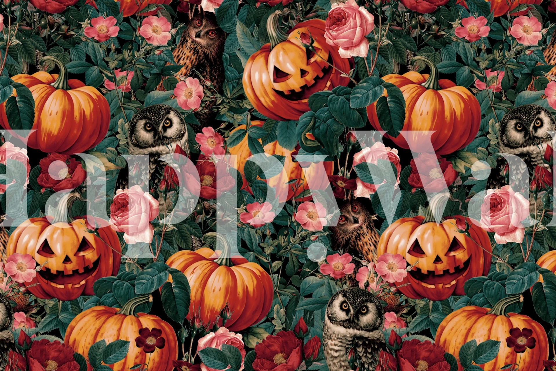 Owls and pumpkins surrounded by pink roses and green leaves wallpaper