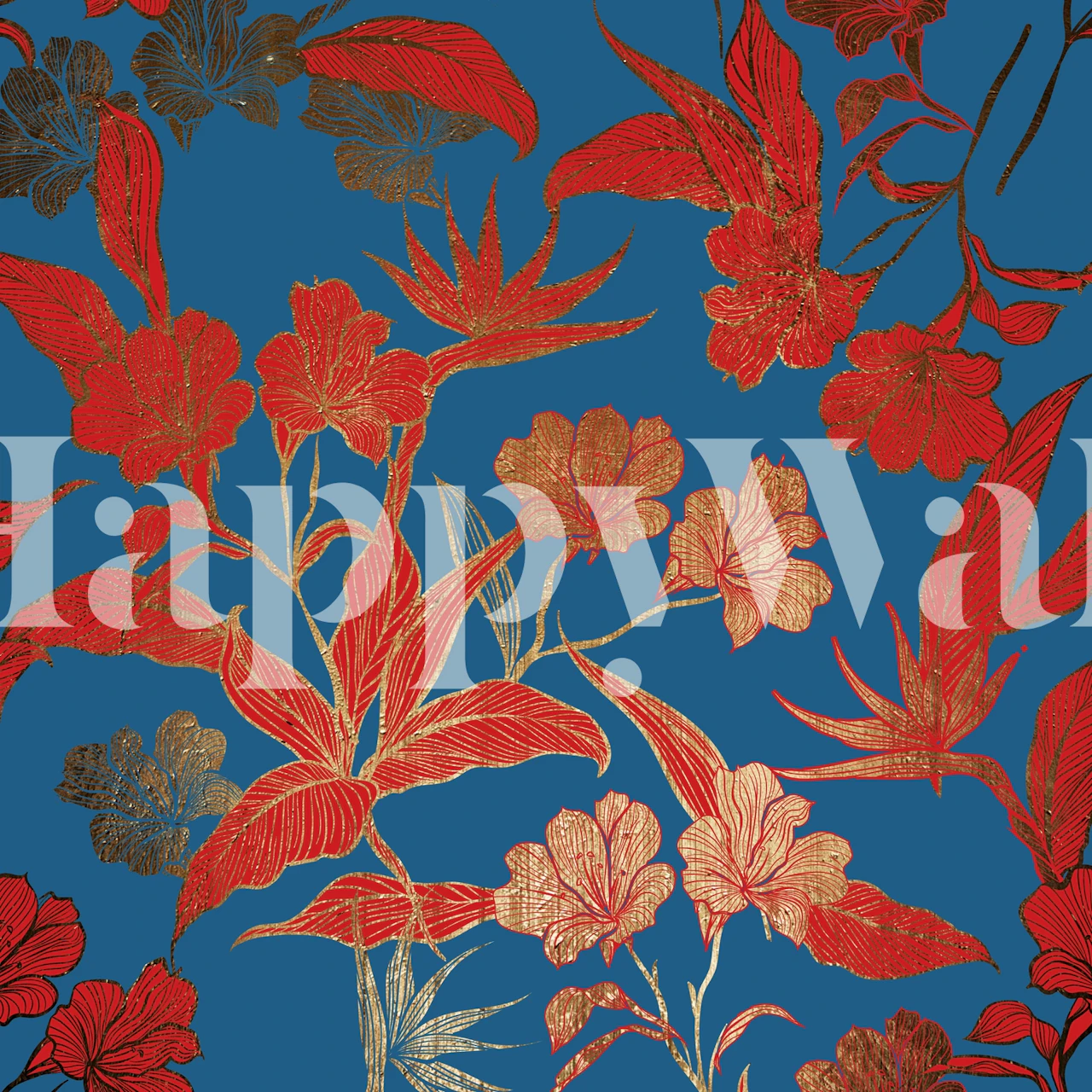 Floral design in vibrant red and gold on blue wallpaper