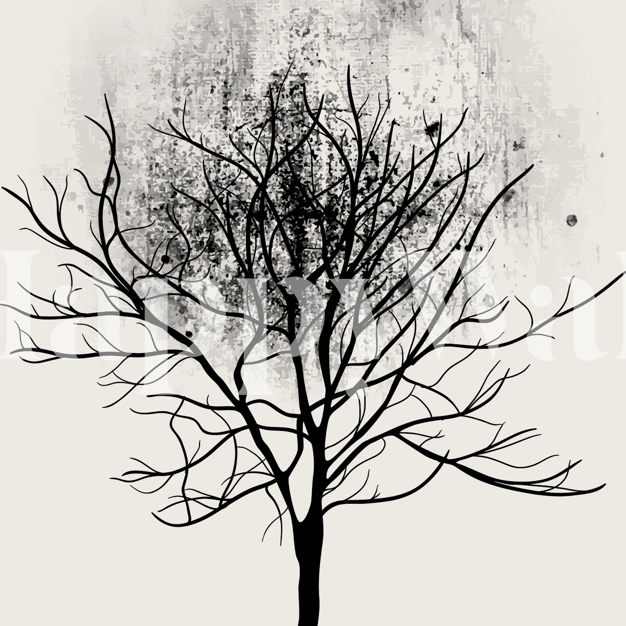 Monochrome wall mural of a dark oak tree silhouette on a textured grey background for modern interior decor
