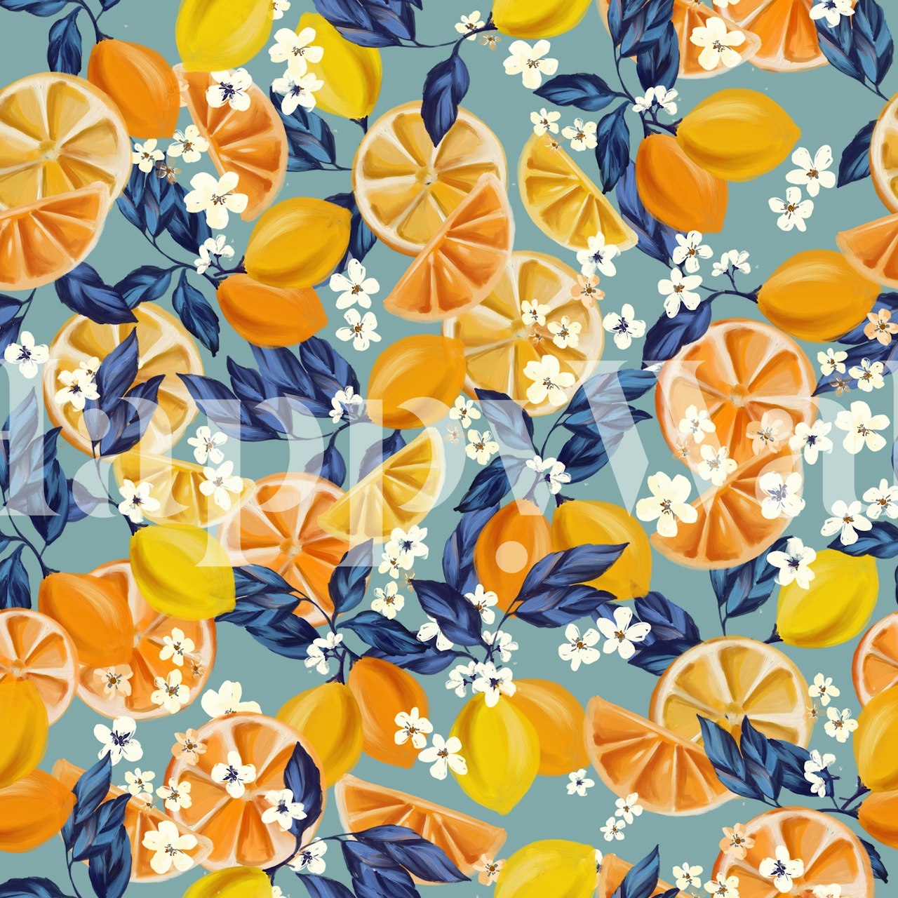 Lemon slices, leaves, and flowers on blue background wallpaper