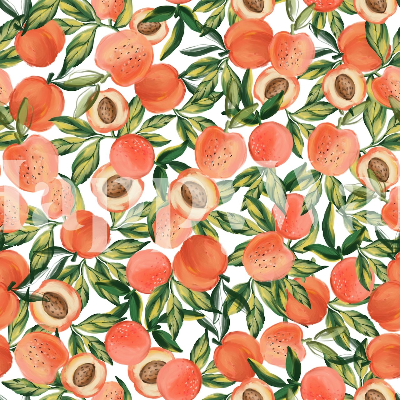 Peach pattern wall mural with green leaves and ripe fruit slices
