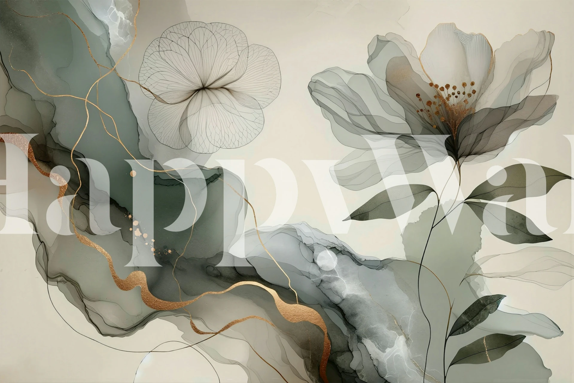 Sage green abstract floral wallpaper with gold accents