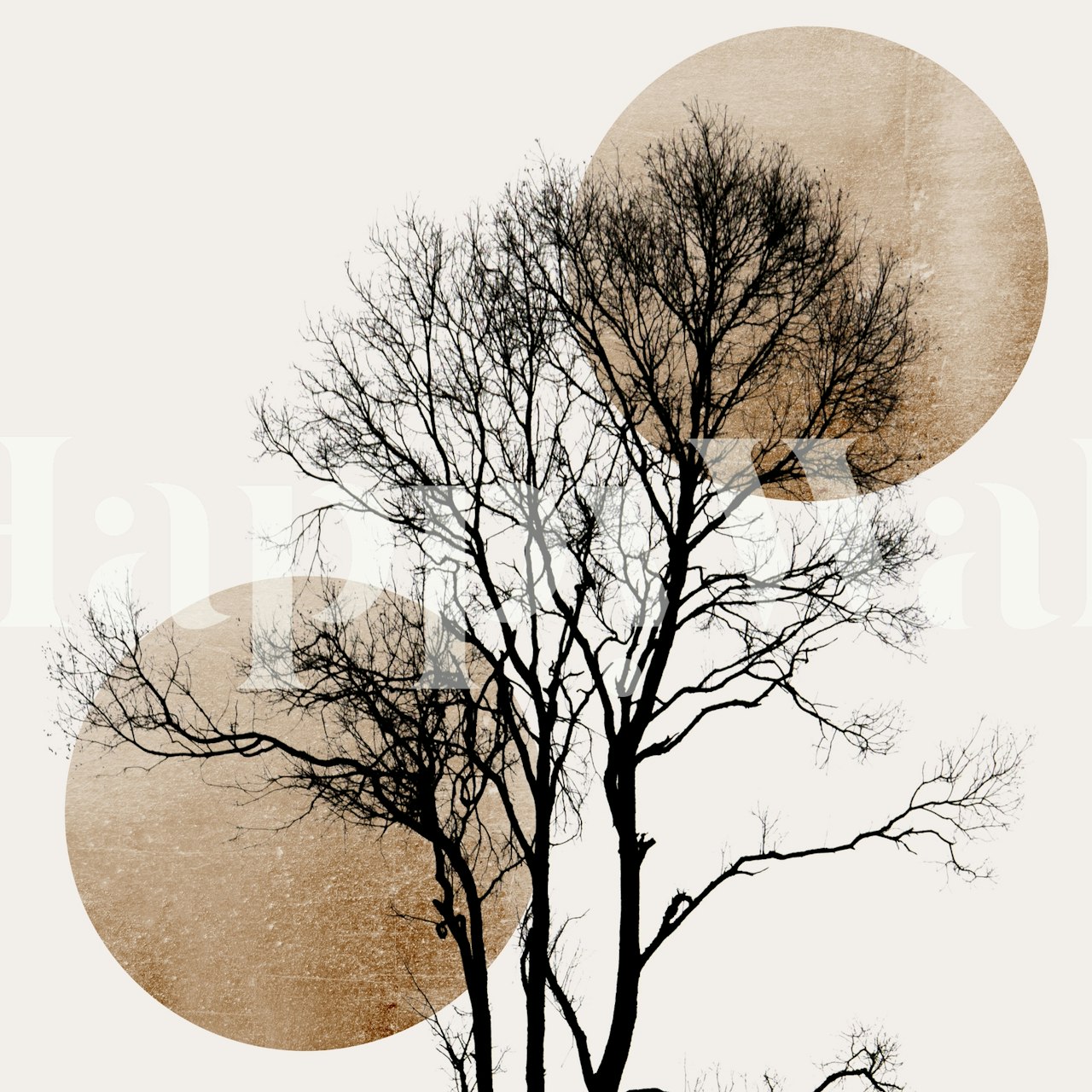 Black and white abstract tree design with circular shapes wallpaper